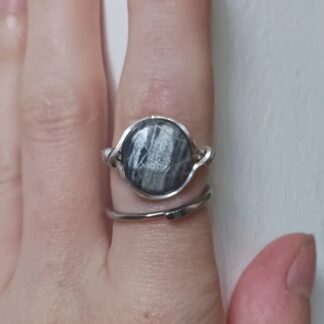 Handmade Argentium silver black moonstone ring size M