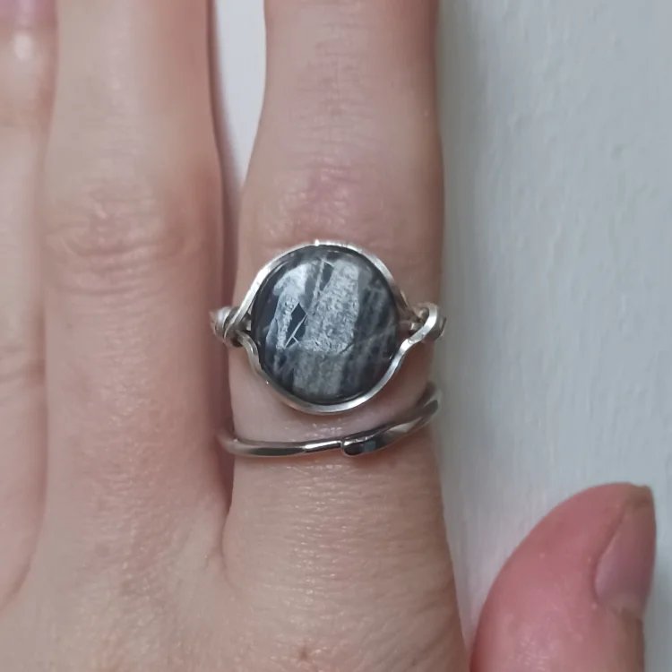 Handmade Argentium silver black moonstone ring size M